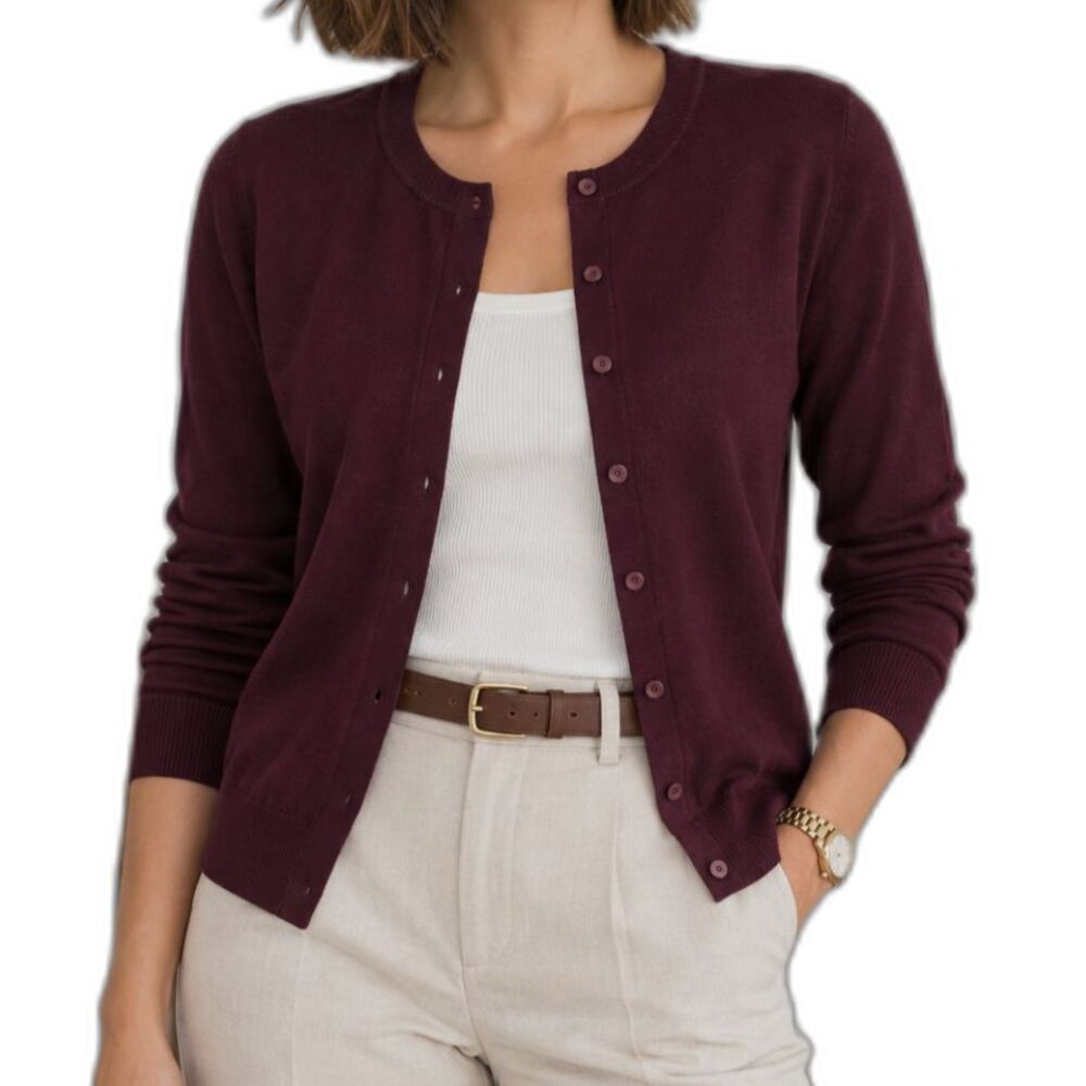 Talbots Pima Cotton Cardigan M Burgundy Plum Button Front Stretch Classic Preppy